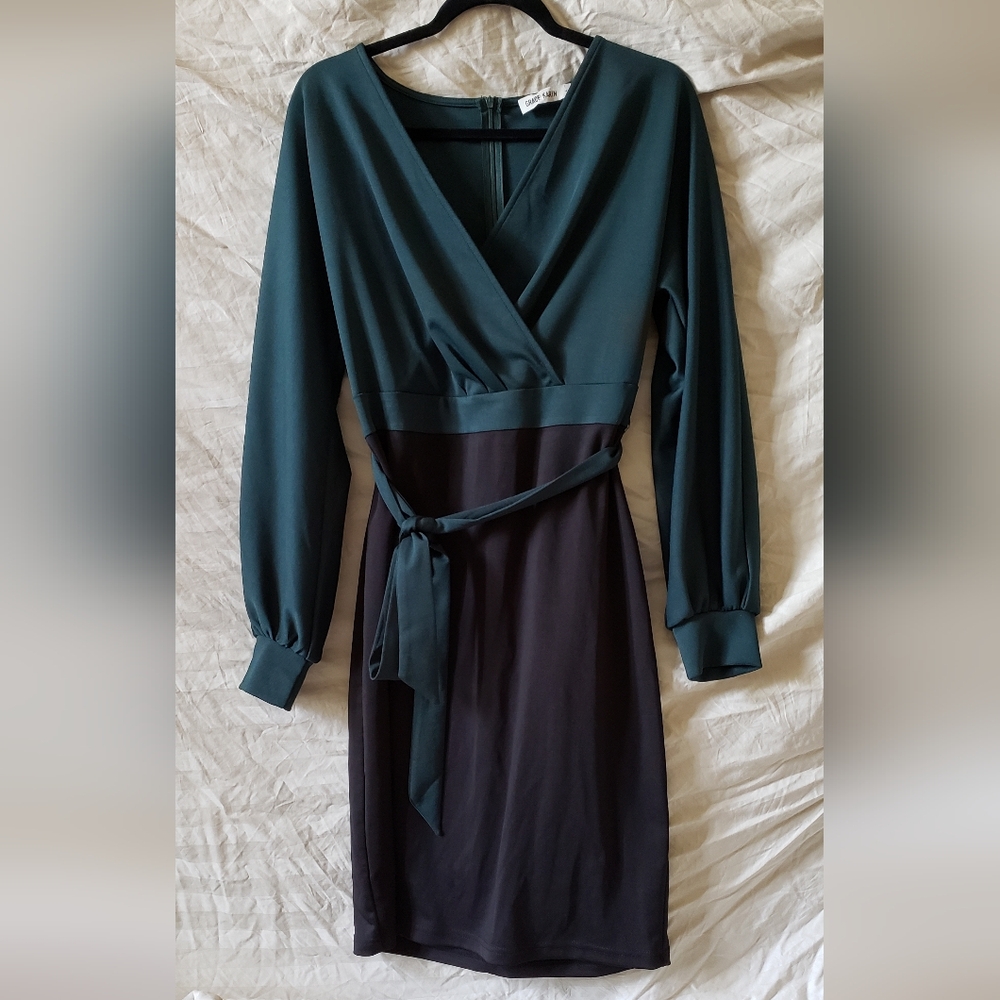 Teal and Black Long-Sleeve Wrap Dress